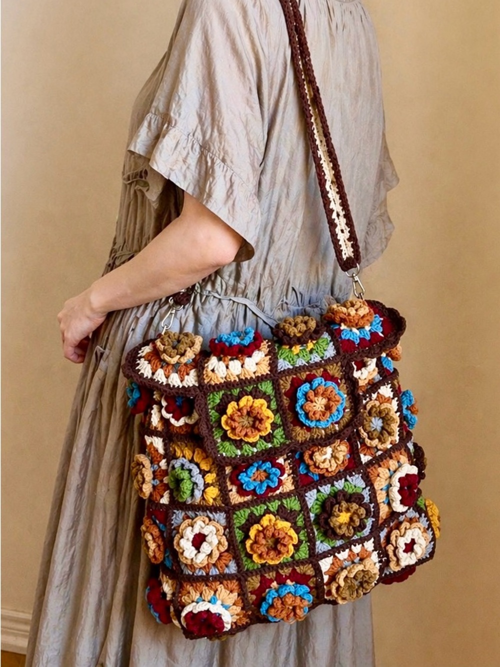 Handmade Crochet Floral Patchwork Shoulder Bag - Brown Multicolor Crossbody Bag
